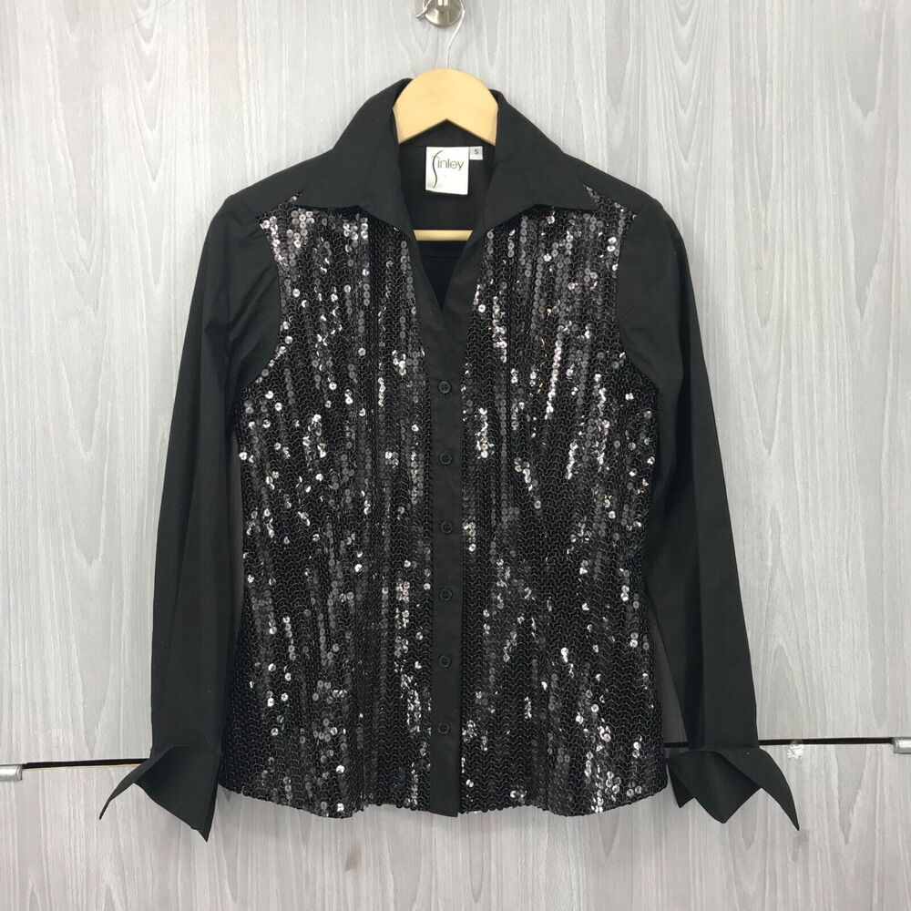 Finley Sequin Tux Women's Button Up Blouse Top Small Black Long‎ Sleeve